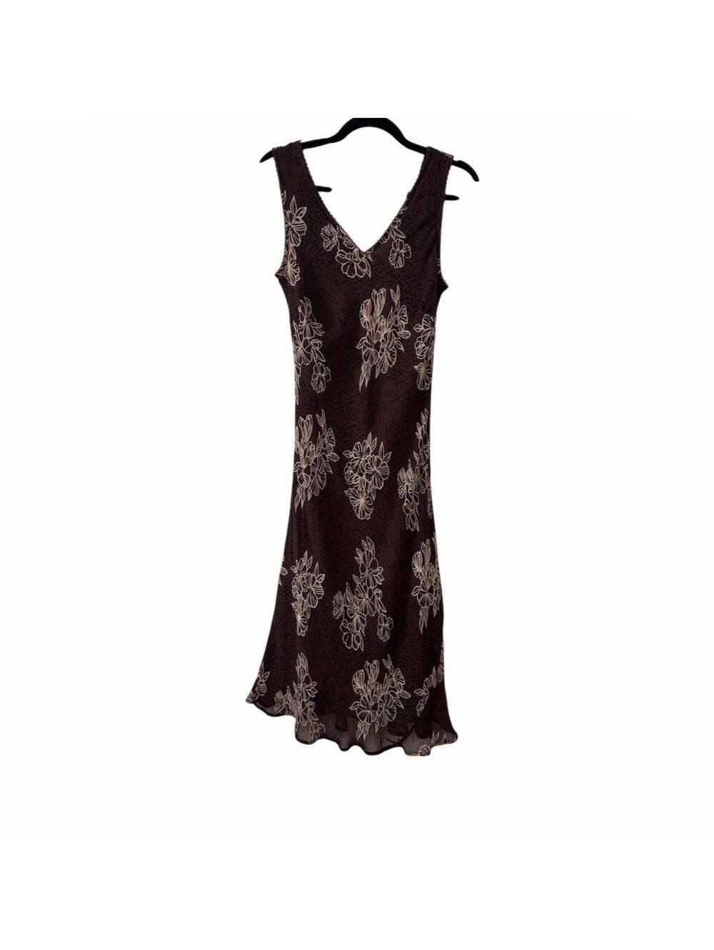 Newport News Dress Womens M Brown Floral Sleeveless V-Neck Midi Slip Whimsy Hem